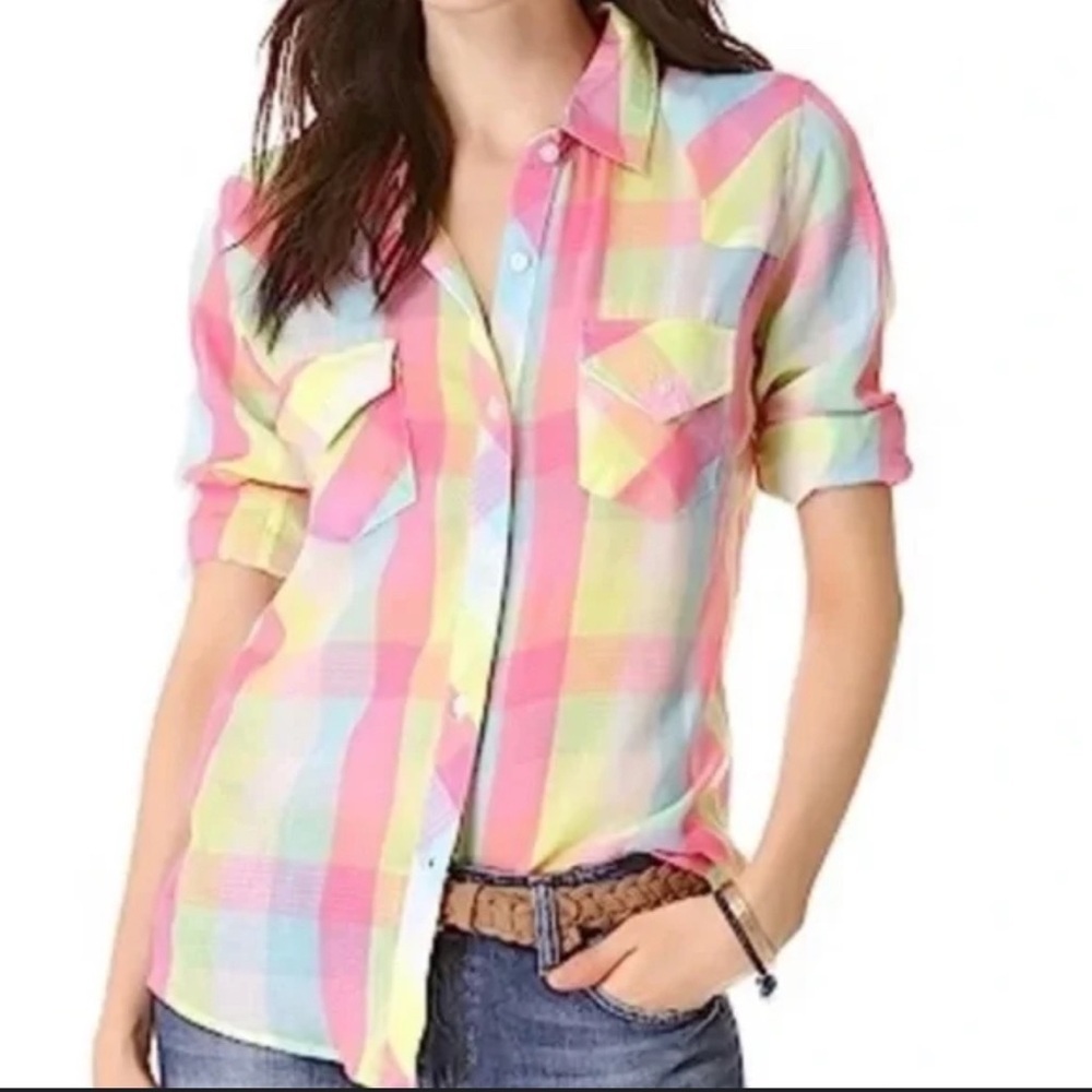 Rails Taylor Gauze‎ Button-Down Shirt in Rainbow Bright Plaid Size Small - Picture 2 of 14